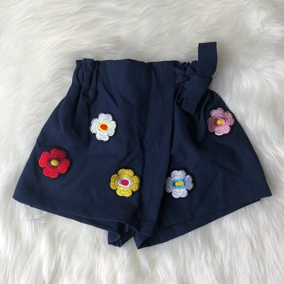 GIRL SKIRT SHORT SKORT NAVY BLUE WITH FLOWERS - Picture 1 of 3